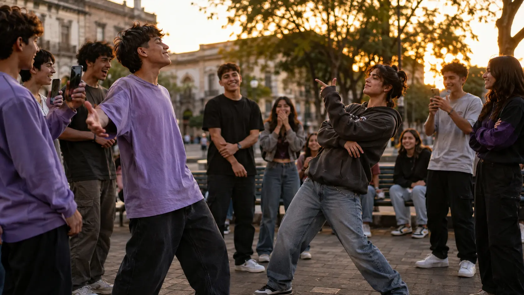 Dos jóvenes realizan poses carismáticas mientras sus amistades observan y graban en una plaza